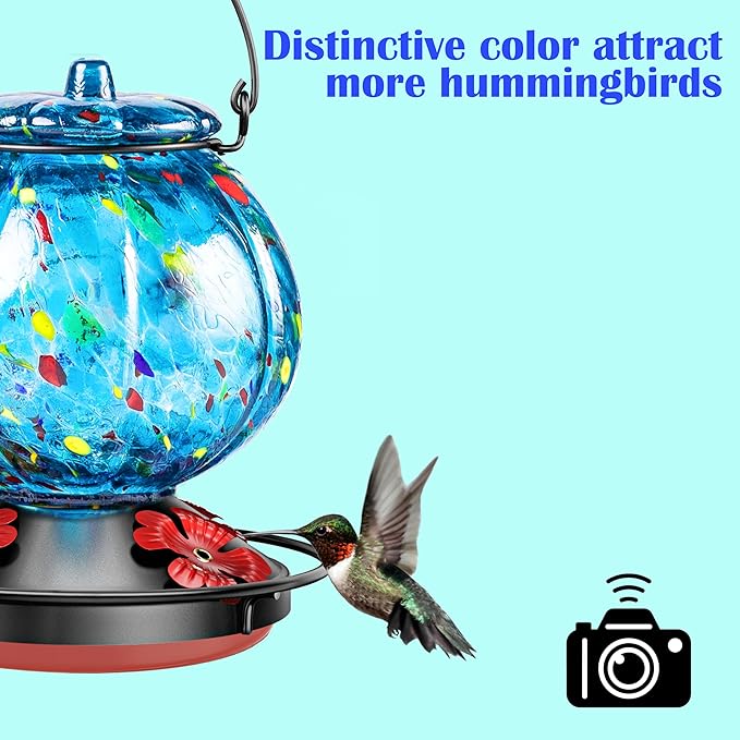Hummingbird Feeder for Outdoors – Hand Blown Blue Glass Bird Feeder, Leakproof, Easy to Fill & Clean, 25 Ounces, Colorful Spotted Pumpkin Shape Decorative Hanging Gift for Her