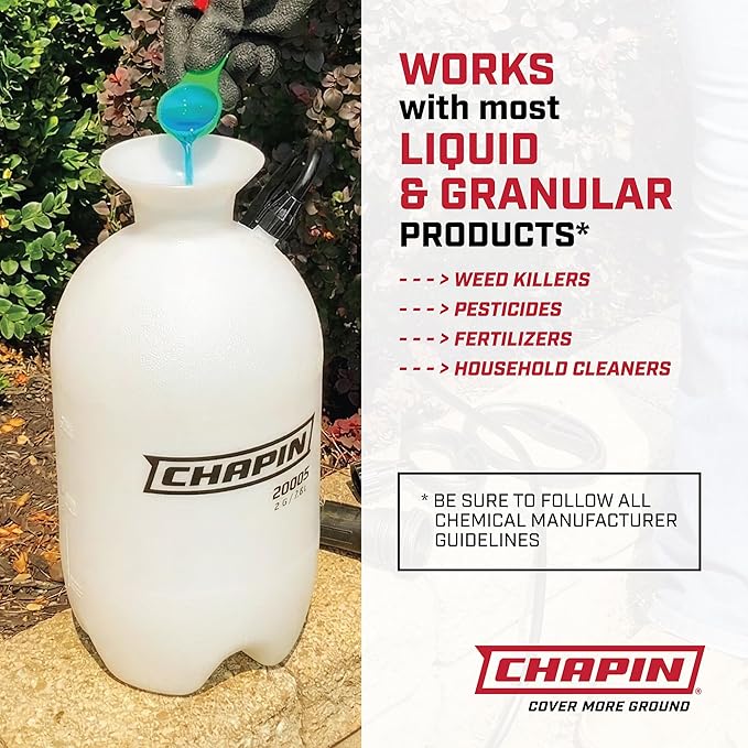 Chapin 20006 Pump Sprayer, 3‑Gallon, Lawn & Garden, Translucent Poly Tank, Funnel‑Top, SureSpray, Adjustable Cone Nozzle & 34" Hose for Fertilizer, Weed & Pest Application