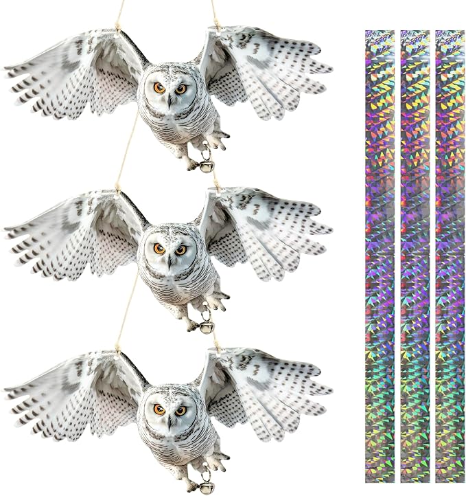 Flat Plastic Owl Scarer Hanging Device, 3 Pack Dual-Side Printed Owl with Reflective Tape and Bell for Garden Patio Farm Yard Window Porch, Outdoor Pigeon Woodpecker Scare Decoration, Not 3D