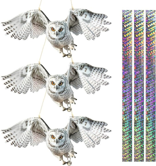 Flat Plastic Owl Scarer Hanging Device, 3 Pack Dual-Side Printed Owl with Reflective Tape and Bell for Garden Patio Farm Yard Window Porch, Outdoor Pigeon Woodpecker Scare Decoration, Not 3D