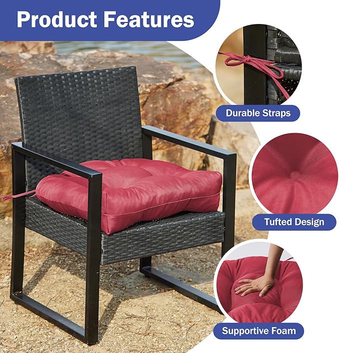 IPYNBAP Outdoor Chair Cushions Set of 2, Patio Chair Cushions with Ties, 19x19+5” Tufted Outdoor Seat Cushions, Waterproof Patio Furniture Cushions, Outdoor Dining Chair Pads, Burgundy