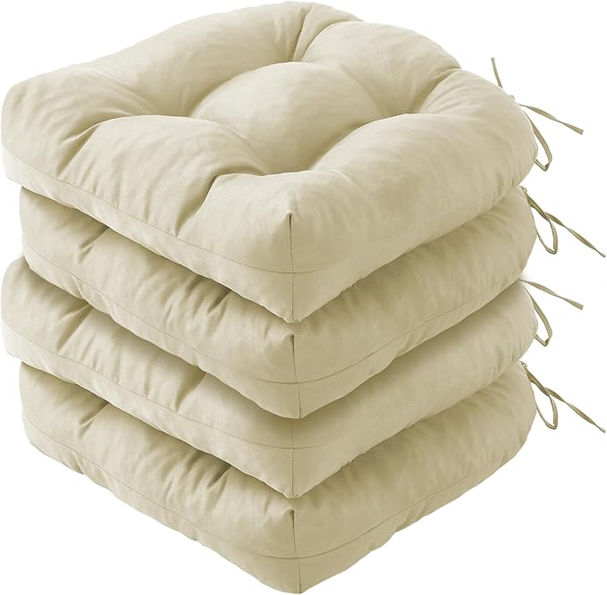 IPYNBAP Outdoor Chair Cushions Set of 4, Patio Chair Cushions with Ties, 19x19+5” Tufted Outdoor Seat Cushions, Waterproof Patio Furniture Cushions, Outdoor Dining Chair Pads, Beige