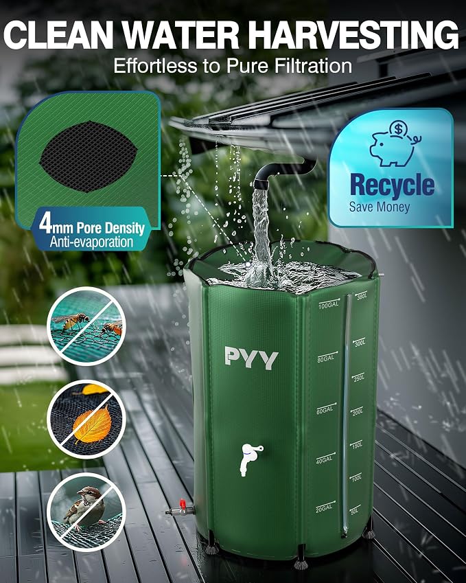PYY Rain Water Collection Barrel - 100 Gallon Green Large Water Storage Tank with Spigots, Portable Rain Catcher to Collect Rainwater from Gutter, Plastic Rain Catchment System with Collapsible Bucket