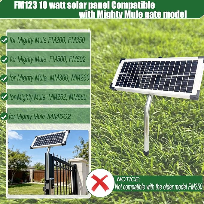 FM123 10 Watt Solar Panels Kit for Mighty Mule GTO PRO Automatic Gate Openers,12v Portable Solar Panel Battery Charger, Replace FM350 MM260 MM560 FM200 FM350 FM500 FM502 FM700 MM571W MM271 MM360