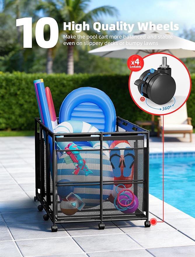 Pool Float Storage - Rolling Mesh Pool Storage Bin for Noodles, Goggles, Floats & Balls, XXL Large Outdoor Pool Toy Organizer with Wheels for Swimming Accessories, Black