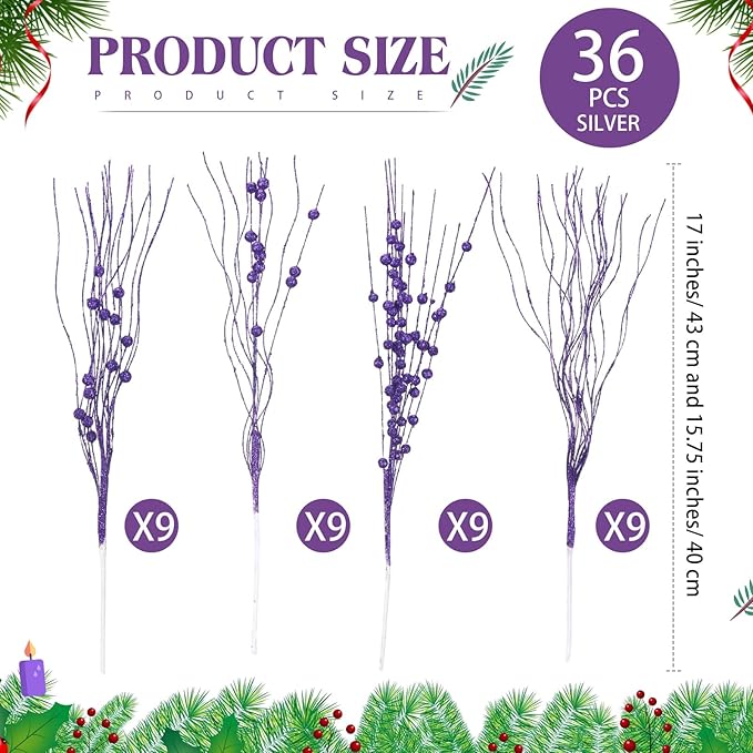 36 Pcs 17'' 15'' Christmas Artificial Glitter Berry Stems 4 Styles Xmas Decorative Tree Picks Branches Large Glittery Twigs for Christmas Tree Xmas Wreath Vase Filler(Purple)