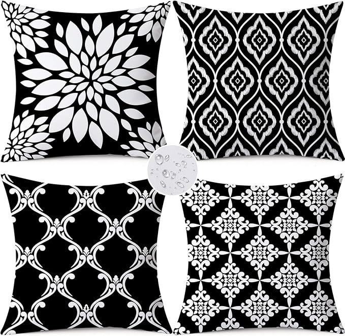 Outdoor Waterproof Throw Pillow Covers 18x18 Set of 4 Black Aesthetic Boho Decorative Cushion Cases for Patio Furniture Garden Porch Bench Couch Sunbrella