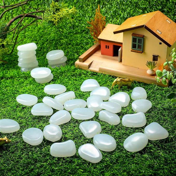 Landical 100 Pcs 1.8 Inch Large Glow in The Dark Rocks Pebbles Outdoor Fish Tank Rocks Aquarium Gravel Luminous Stones for Walkway Succulent Plant Halloween Decor (White)