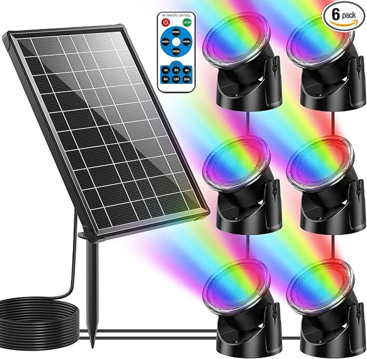 POPOSOAP 8W Solar Pond Lights with Remote Control, RGB Multi-Color Underwater Solar Lights with Timer & Memory Function for Pond, Fountain, Pool, Garden, Aquarium(6 Headlamp)-P68WC