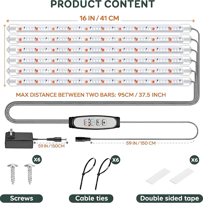 SDOVUERC 16'' 6 Bars Grow Light Strips for Indoor Plants with Auto ON/Off Timer 6/12/18H, 5 Dimmable Levels for Shelves Plant Growing(Pack 1)