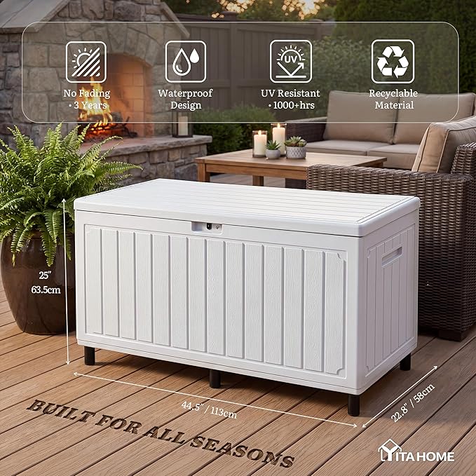 YITAHOME 90 Gallon Outdoor Storage Box with 6 Heavy-Duty Metal Legs & Ergonomic Dual Handles, Large Double-Wall Resin Deck Box, Lockable Waterproof Patio Organizer for Furniture, Cushions, White