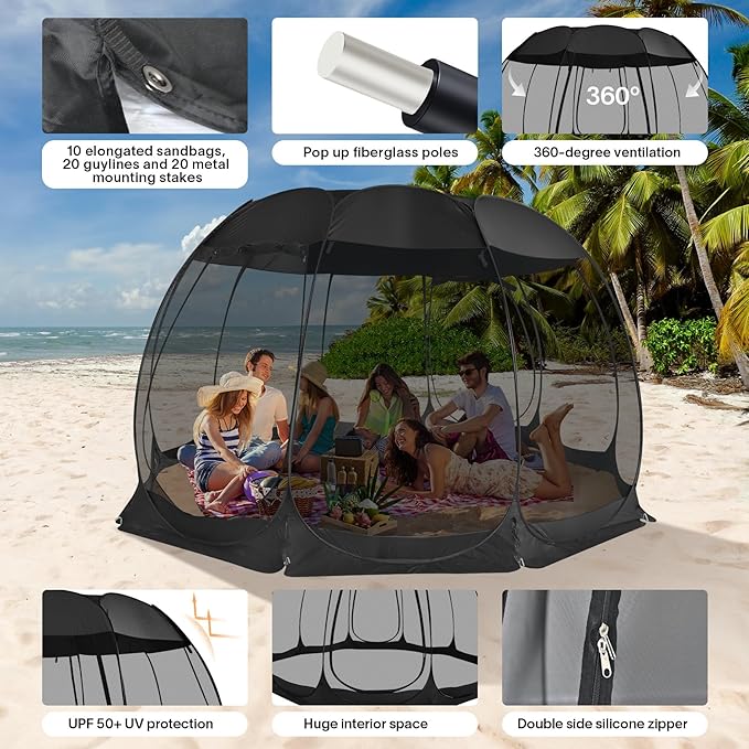 Alvantor Pop Up Screen House Tent, Instant Outdoor Gazebo with Mosquito Netting & UPF 50+ Sun Protection, Portable Canopy Shelter for Patio, Backyard, Camping (2-10 Person)