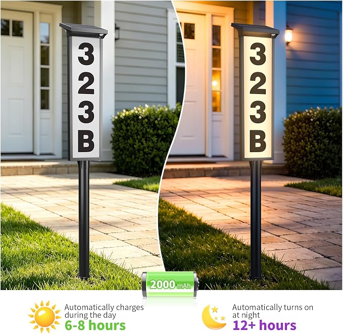 Solar Address Sign, Lighted House Numbers for Outside Waterproof, 3 Colors LED Illuminated Address Plaque with Stakes, Solar Address Numbers for House Yard Garden Street