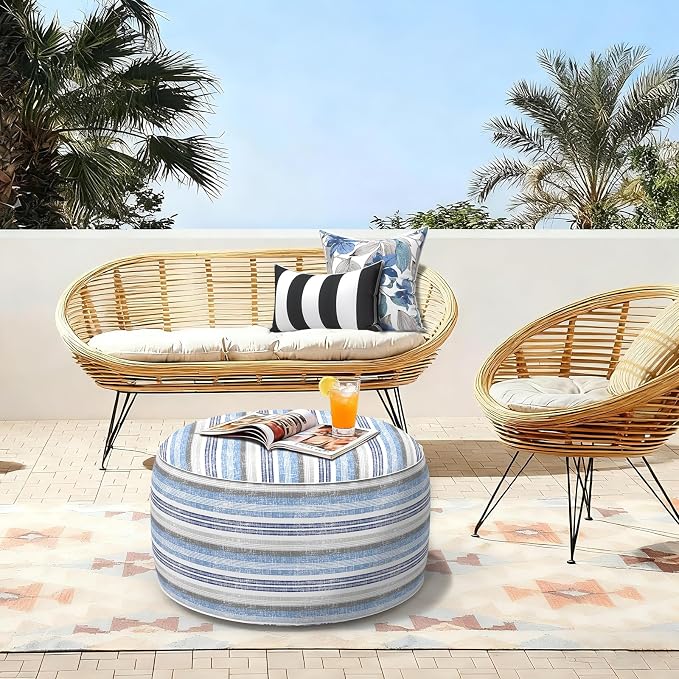 LVTXIII Outdoor Inflatable Ottoman, Fade-Resistant Round Footrest Stool D31”x H14”, Portable Patio Pouf for Garden Camping or Home Use, Stripe Layered Blue