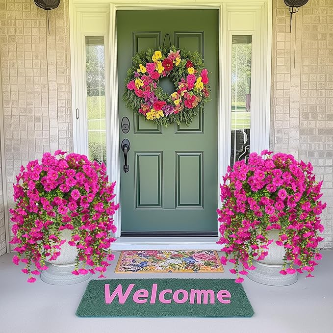 MARTINE MALL 4 Pcs Look Real Artificial Flowers for Outdoors, Realistic Artificial Hanging Flowers for Outdoors, UV Resistant Fake Hanging Plants Silk Petunia Faux Flowers for Porch Patio, Fuchsia