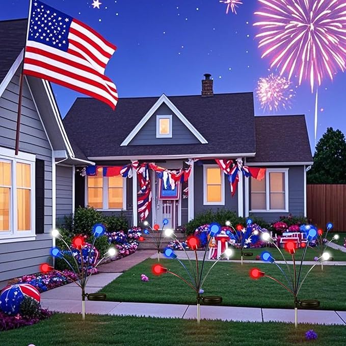 OZS 6 Pack Solar American Flag Lights - 4th of July Solar Garden Outdoor Waterproof Firefly Light for Memory Day, Independence Day, National Day Decoration (Red White Blue)