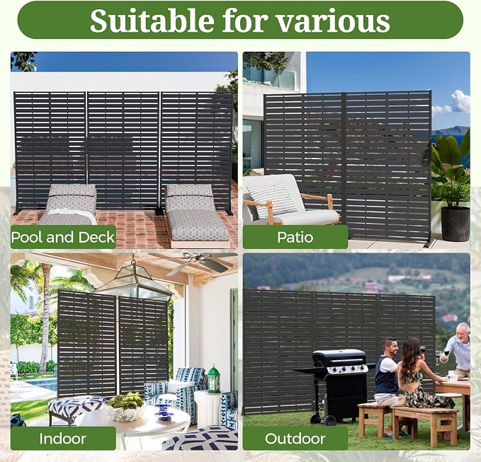 Privacy Screen Outdoor 60" Hx35 W Freestanding Privacy Panel with Stand, HDPE Decorative Privacy Fence with Louver Pattern 5 Panels, Patio Divider Screen, Privacy Screens for Outside