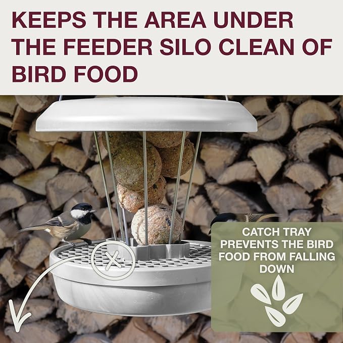 SWISSINNO Bird Feeders - No Mess Fat Ball/Suet Feeder for Outdoors Hanging - Smart Birds Lucerne Spill Proof Wild Cardinal Bird Feeder with Integrated Seed Catcher Tray - Light Grey