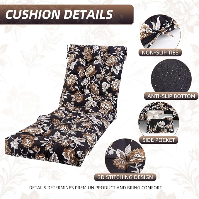 Patio Chaise Lounge Cushions, 68"x21"x4.5" Waterproof Replacement Beach Pool Lawn Outdoor Lounge Chair Cushion with Pocket, Non-Slip Bottom & Secure Ties for Outdoor Furniture, Flower Black