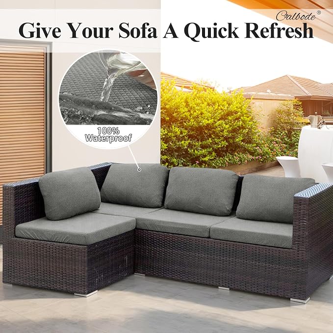 CALBODE 14Pcs Outdoor Stretch Cushion Covers,Waterproof Outdoor Chair Cushion Covers for Patio Furniture, Washable Jacquard Couch Covers Replacement for Patio Furniture(Grey, Cover Only)