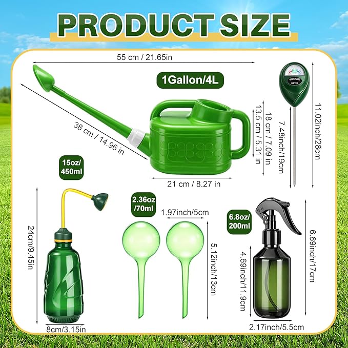 Reallnaive 6 Pcs Indoor Watering Can Set 1/2 Gallon Can 6.8 oz Spray Bottle 17 oz Squeeze Bottle Plant Watering Globes Soil Moisture Meter Small Spraying Set for Indoor Outdoor(Fluorescent Green)