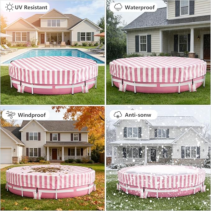 Solar Stock Tank Pool Cover, Waterproof Cover for 8 Feet by 30 Inches Large Round Metal Frame Above Ground Swimming Pool,with Tie-Down Ropes & 4 Sandbags,Increase Stability(Cover only,Pink)