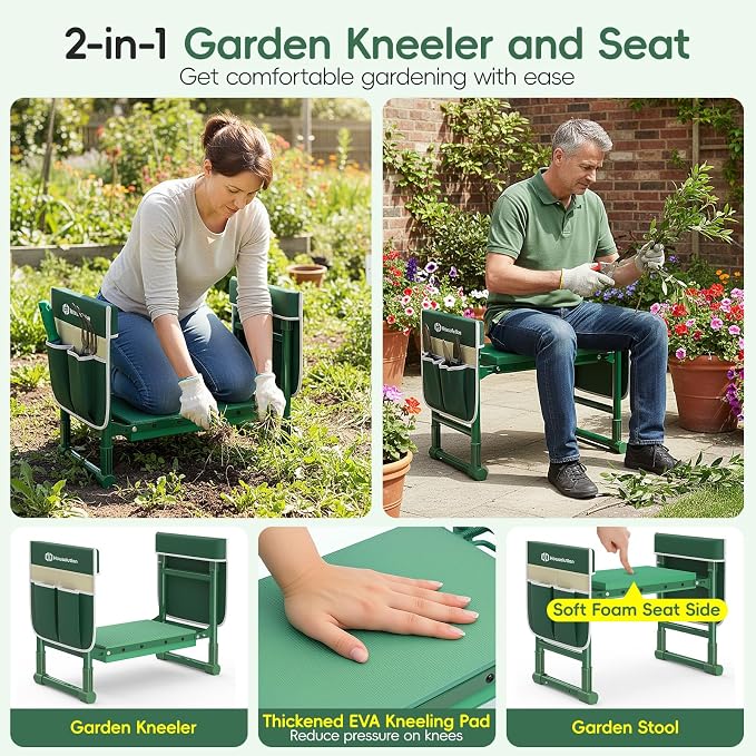 Housolution Garden Kneeler and Seat with Anti-Tipping Extendable Legs, Foldable and Portable Garden Stool with 2 Tool Bags, Thick Soft Kneeling Pad, Gardening Gifts for Women Men Seniors, Deep Green