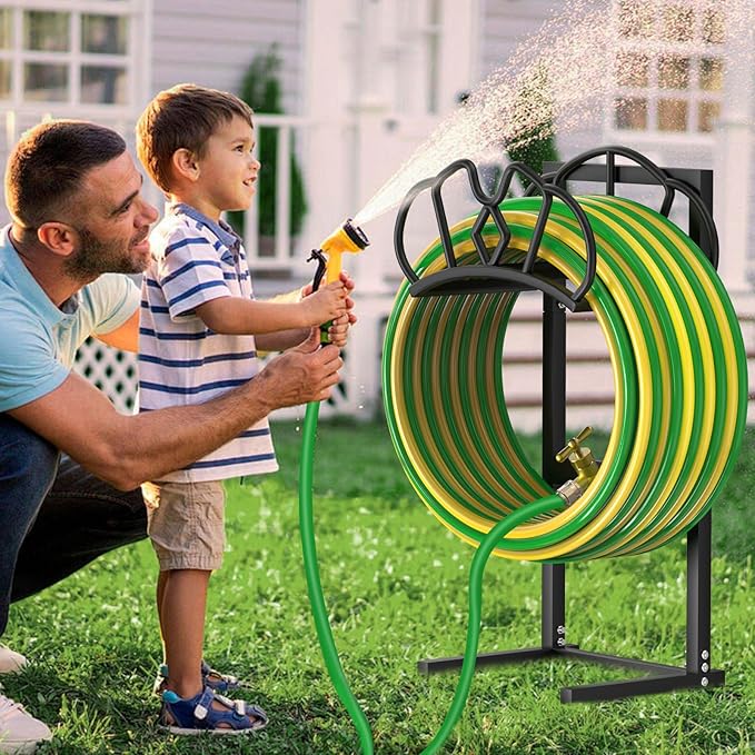 Qatsrin Garden Hose Holder with Faucet, Super Stable Water Hose Holder Stand Holds 160-Feet Hoses, Freestanding Detachable Hose Storage Hanger Reels Rack for Yard Lawn Farm