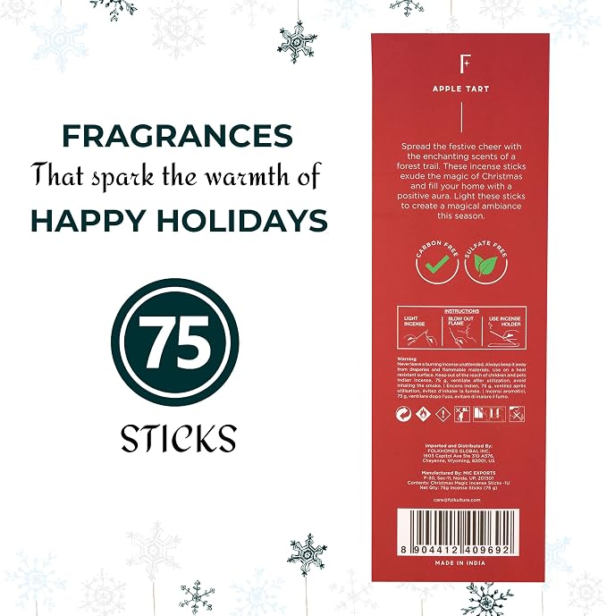 Folkulture Christmas Incense Sticks for Home | Pack of 75 Natural & Non-Toxic Incense for Cleansing | Organic Apple Tart Scent | Xmas Gift for Her | Christmas Magic