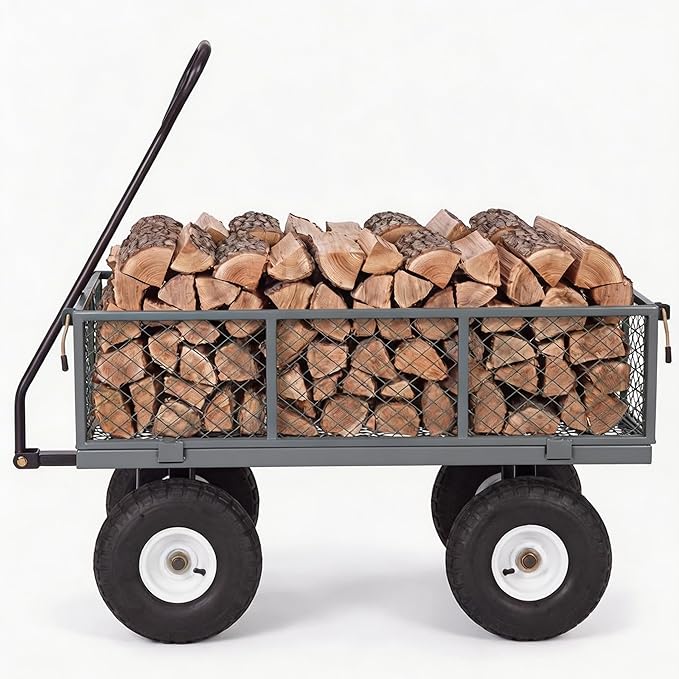 GarveeTech 800LBS Heavy Duty Steel Garden Cart, Garden Wagon Cart on Wheels, Metal Yard Utility Wagon with Removable Mesh Sides, 10" All Terrain Tires, 180° Rotating Handle for Lawn, Garden, Farm
