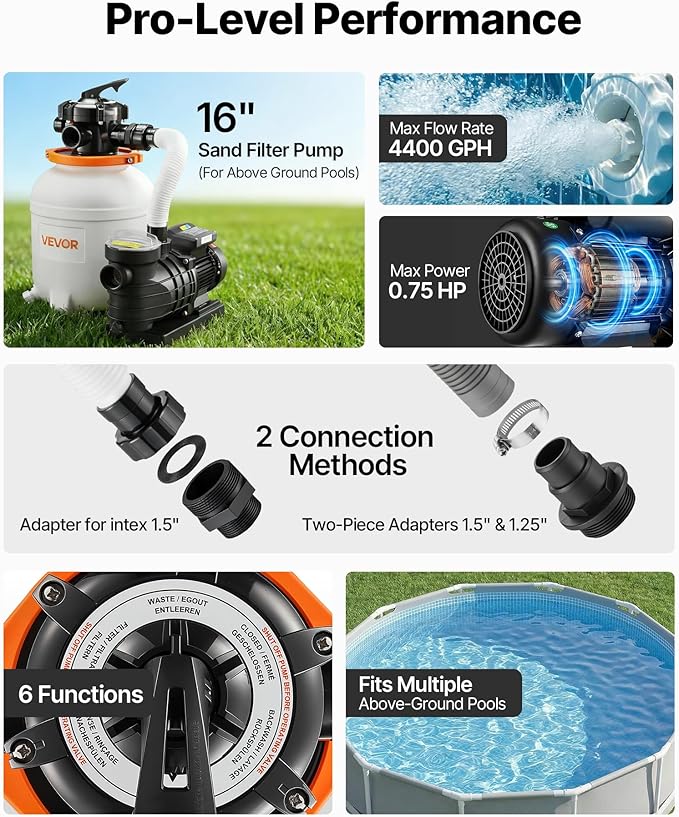 VEVOR 16 in Sand Filter Pump for Above Ground Pool, 0.75 HP 4400 GPH, Swimming Pool Sand Filter Pump with Pre-Assembled Core & Leak-Resistant Design, 6-Way Valve, High-Efficiency Filtration for Pools