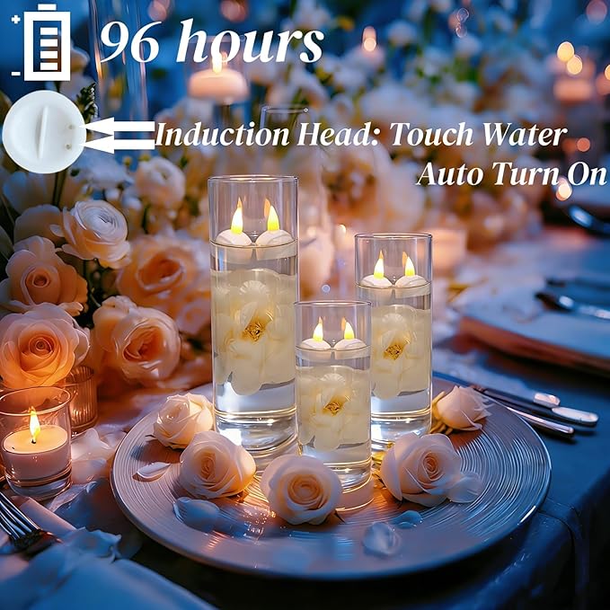 24 Pack Flameless Floating Candles and Floating Artificial Flower Led Battery Operated Waterproof Tea Lights for Vases Centerpieces at Wedding, Party, Pool Decor Champagne