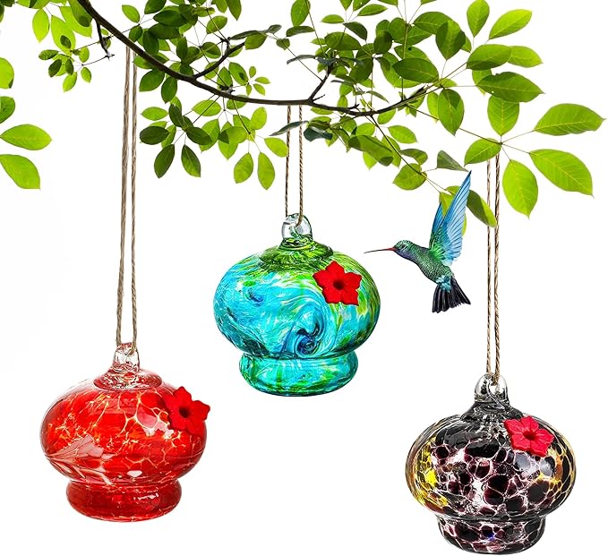 3 Pack Glass Hummingbird Feeders for Outdoors 3in Small Hand Blown Glass Bird Feeder with Flower Feeding Ports for Backyard Garden Decorations Birthday