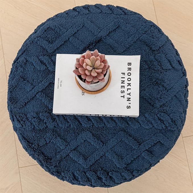 Poofieotto Unstuffed Pouf Ottoman Cover Handmade Footstool Ottoman Storage Solution Floor Pouf Footrest Cushion 20Diameter x12Height Inches for Living Room Wedding Bedroom Navy Blue No Filler