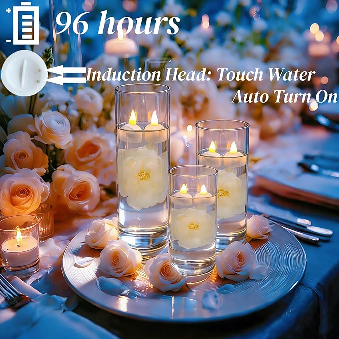 24 Pack Flameless Floating Candles and Floating Artificial Flower Led Battery Operated Waterproof Tea Lights for Cylinder Vases Centerpieces at Wedding, Party, Pool Decor White