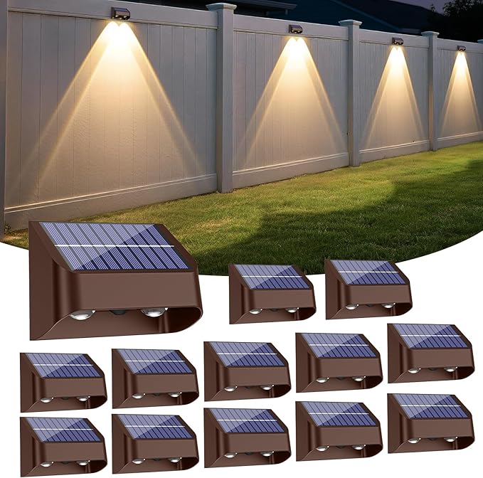 Brighter Solar Fence Lights-3000/4000/6000K 3 Mode,Solar Lights Outdoor Waterproof,Dusk to Dawn Deck Light, Outdoor Lighting for Backyard/Railing/Wall/Step/Patio(12 Pack,Brown)