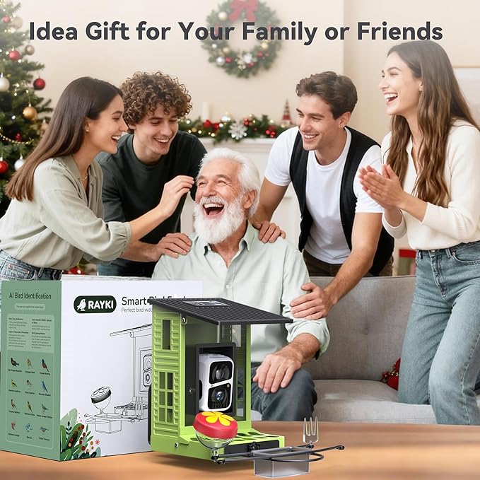 Rayki Metal Solar Powered Smart Bird Feeder with Camera, AI Identify with Solar Lights, 2K HD Cam & WiFi, Instant Arrival Alerts,Ideal Gift for Bird Lovers