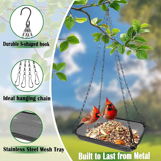 Hanging Bird Feeder for Outdoors – 12 x 8 in Rectangular Platform Bird Feeder, Metal Mesh Seed Tray for Wild Birds, Black