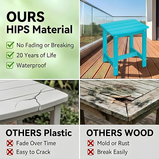 Y&M Outdoor Side Table, HIPS Adirondack Small Single Table, Waterproof Square Outside Table, Balcony Modern End Tables for Patio, Pool, Beach, Porch, Deck, Indoor or Outdoor Use, Aruba Blue