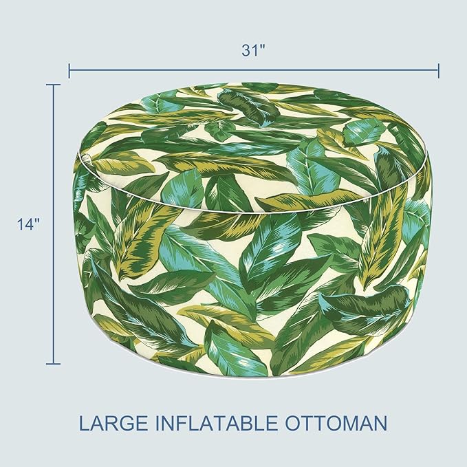 LVTXIII Indoor/Outdoor Large Inflatable Ottoman Pouf D31 x H14 Inch, Round Footstool with Handle, Weather-Resistant Portable Furniture for Patio, Camping, Beach, Lush Leaf Jungle