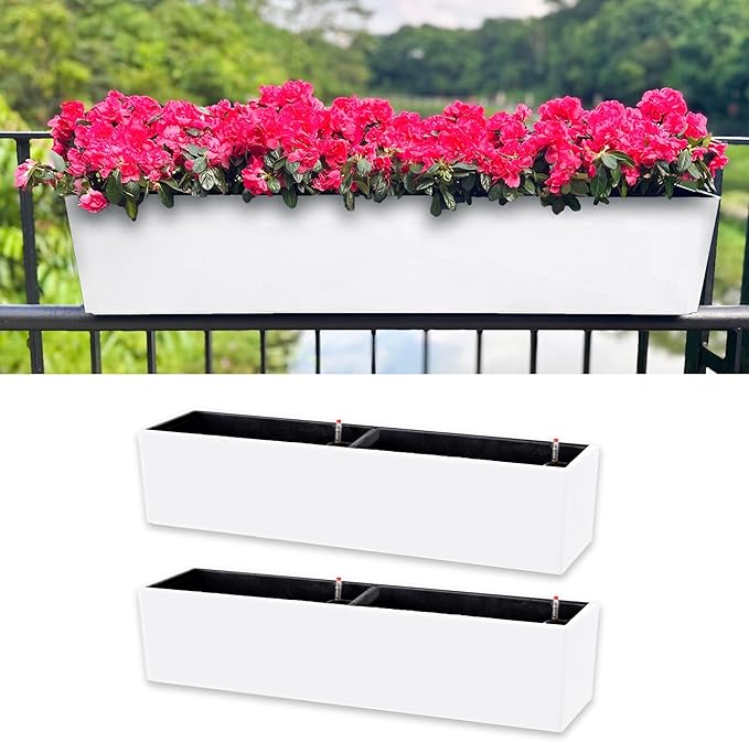 LaLaGreen Hanging Planter Boxes (2 Pack, 40") Extra Large White Rectangular Window Flower Box with Bracket Self Watering System Railing Planters for Outdoor Plant Pot Container Deck Rail Fence Balcony