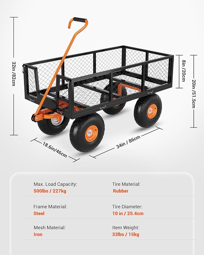 GarveeLife Heavy Duty Steel Garden Cart, 500 LBS Capacity 3 in 1 Pullable Garden Wagon with 10 in Wheels, for Gardening Soil, Tools, and Plant Transport