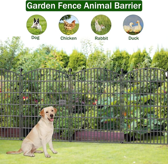No Dig Decorative Garden Fence 5 Panels with Gate, 40 in (H) x 11.8 ft (L), Dog Fence Outdoor for Yard，Rustproof Metal Animal Barrier Ground Stakes Fencing for Garden, Patio, Flower Bed