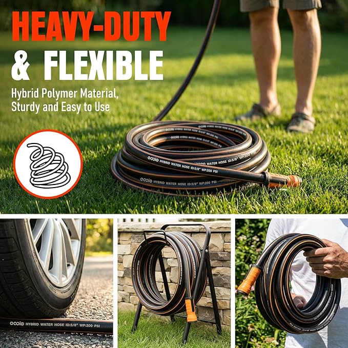 Garden Hose 50 ft x 5/8", NON-EXPANDING Flexible Water Hose, Kink Resistant Lightweight Hybrid Hose-Black Oange