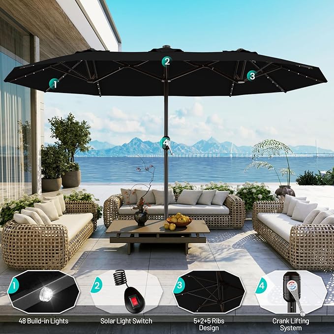 AreShark 13 FT Patio Umbrella with Solar Lights, Double-Sided Outdoor Table Umbrellas with Crank, Large Rectangular Market Umbrella for Porch, Lawn, Pool, Backyard, Black
