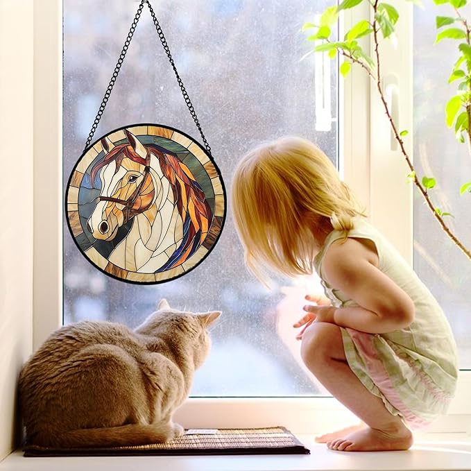 DASTOLL Stained Glass Window Hanging, Animal Horse Colored Mane Sun Catchers Glass Panel Cool Suncatcher Decor for Birthday for Women, Men, Wife, Aunt, and Mom 11.8x11.8 in