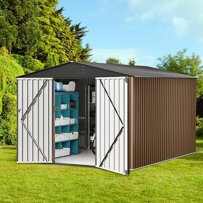 Garvee 10x10ft Metal Shed, Outdoor Garden Tool Storage Shed with Lockable Doors, Large Metal Shed with Sturdy Frame Structure, for Backyard, Patio, Lawn, Brown