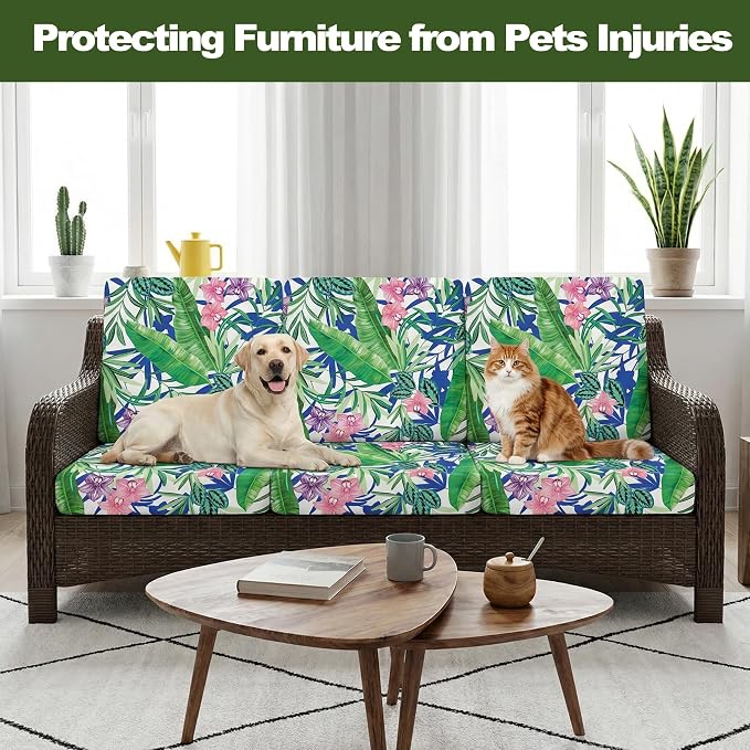 CALBODE 14 Pcs Outdoor Seat Cushion Covers, Stretch Chair Seat Cover for Patio Furniture Cushions Washable Reusable Indoor/Outdoor Couch Cover Replacement (Tropical Plant, Cover Only)