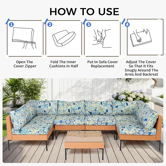 14 Piece Outdoor Patio Cushion Covers Replacement Waterproof with Zipper for 6-Seater Sectional Couch Chair Patio Furniture Conversation Sofa Seat Cushions Slipcovers Set, Only Cover