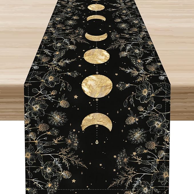 Floral Moon Table Runner, Boho Gothic Spring Flower Gold Moon Phase Seasonal Garden Mystical Rustic Coffee Table Center Decor for Family Kitchen and Living Outdoor Farmhouse Table Decorations, 13"x36"